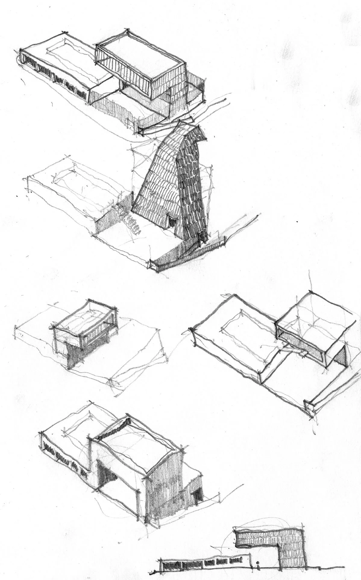 Kimball Art Center axonometric sketch series of building form studies, by Sparano + Mooney Architecture