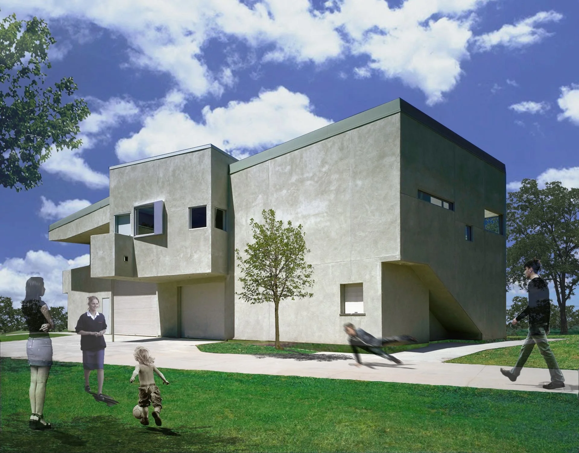 Open green space and exterior of undulating recreation center in Los Angeles designed by Sparano + Mooney Architecture