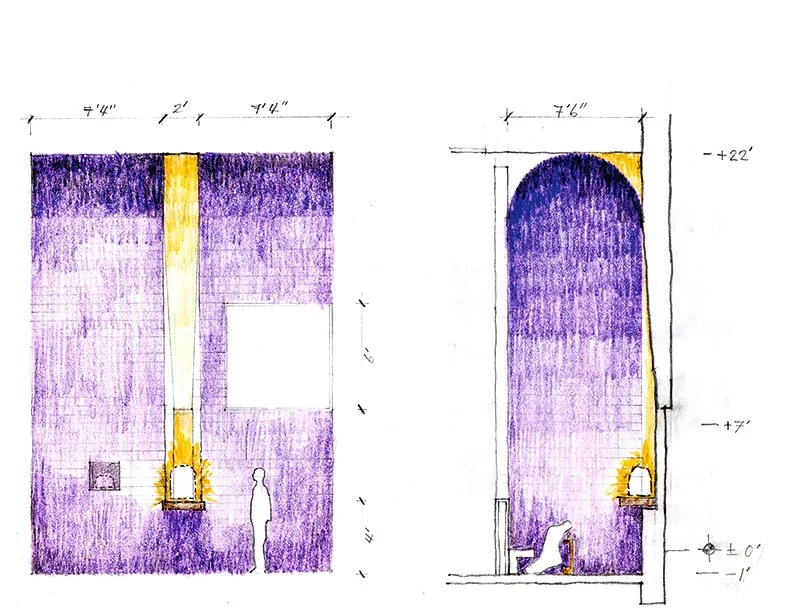 Saint Joseph the Worker tabernacle sketch with large glowing purple interior walls, designed by Sparano + Mooney Architecture