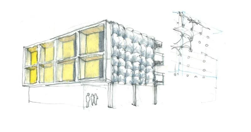 Central Ninth Development perspective sketch of building exterior with yellow openings and dimpled facade study, designed by Sparano + Mooney Architecture