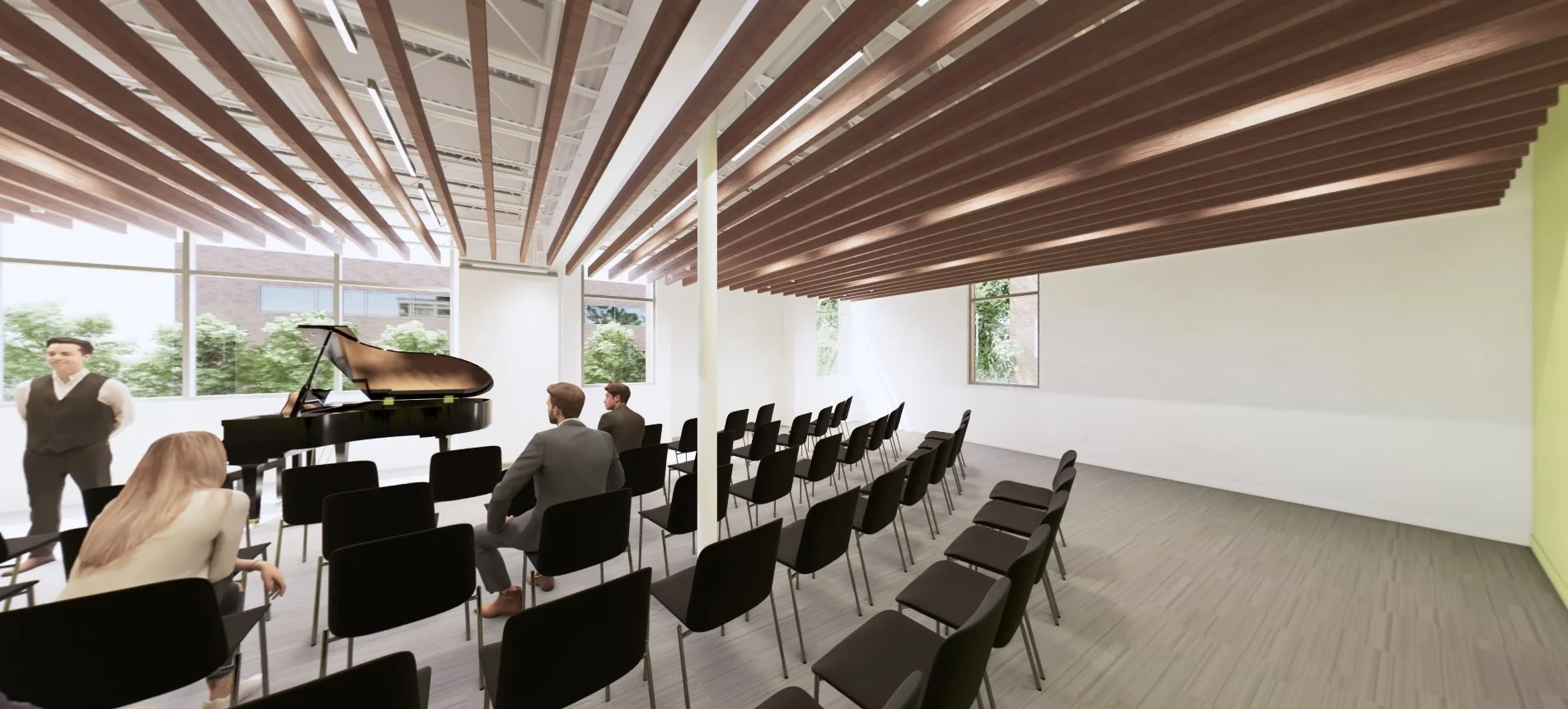 Interior render of Utah music school performance space with grand piano designed by Sparano + Mooney Architecture