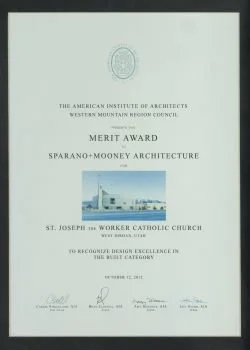 Merit Award certificate from the American Institute of Architects, West Mountain Region, awarded to Sparano+Mooney Architecture for design excellence at St. Joseph Worker Catholic Church, dated October 12, 2018.