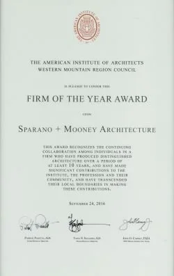 Certificate of the Firm of the Year Award presented to Sparano + Mooney Architecture from the American Institute of Architects Western Mountain Region Council, dated September 24, 2016, with signatures at the bottom.