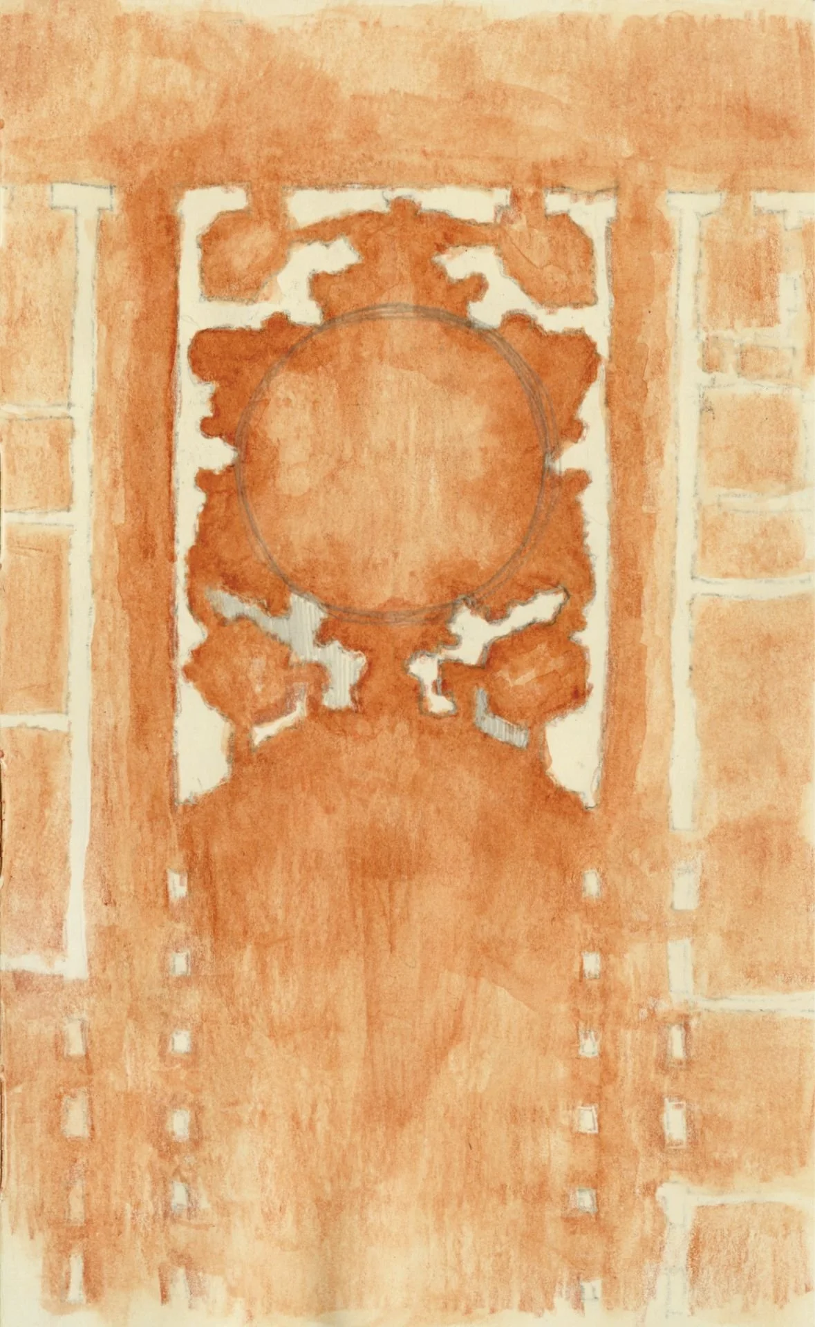 Watercolor painting of a person with curly hair looking at a decorative wooden door with a circular window.