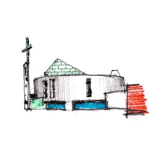 Saint Joseph the Worker perspective sketch study of church exterior, green cross and roof aperture designed by Sparano + Mooney Architecture