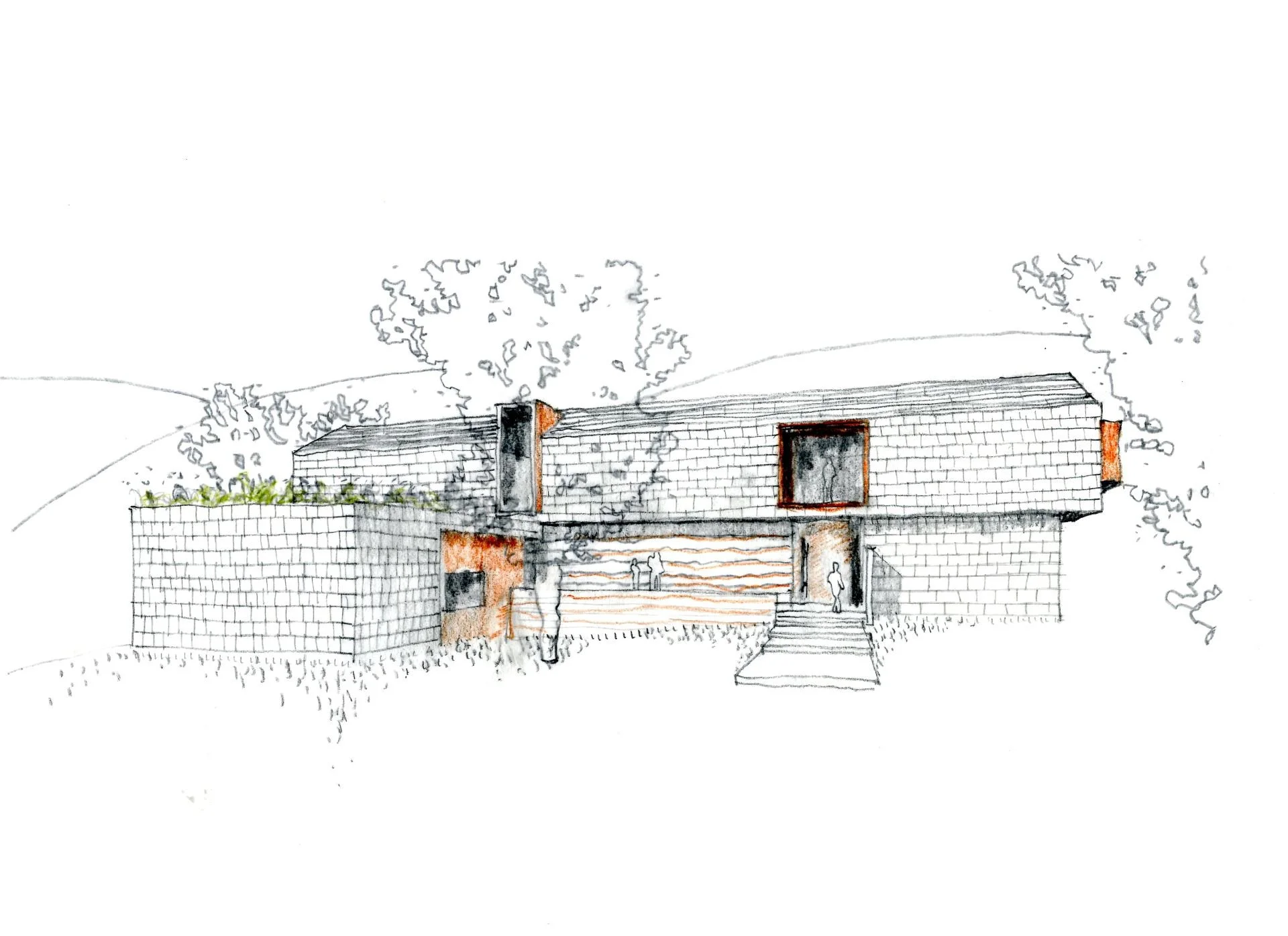Thaynes Canyon Residence exterior sketch of front facade with wood shakes, extruded metal window frames, and stacked massing volumes