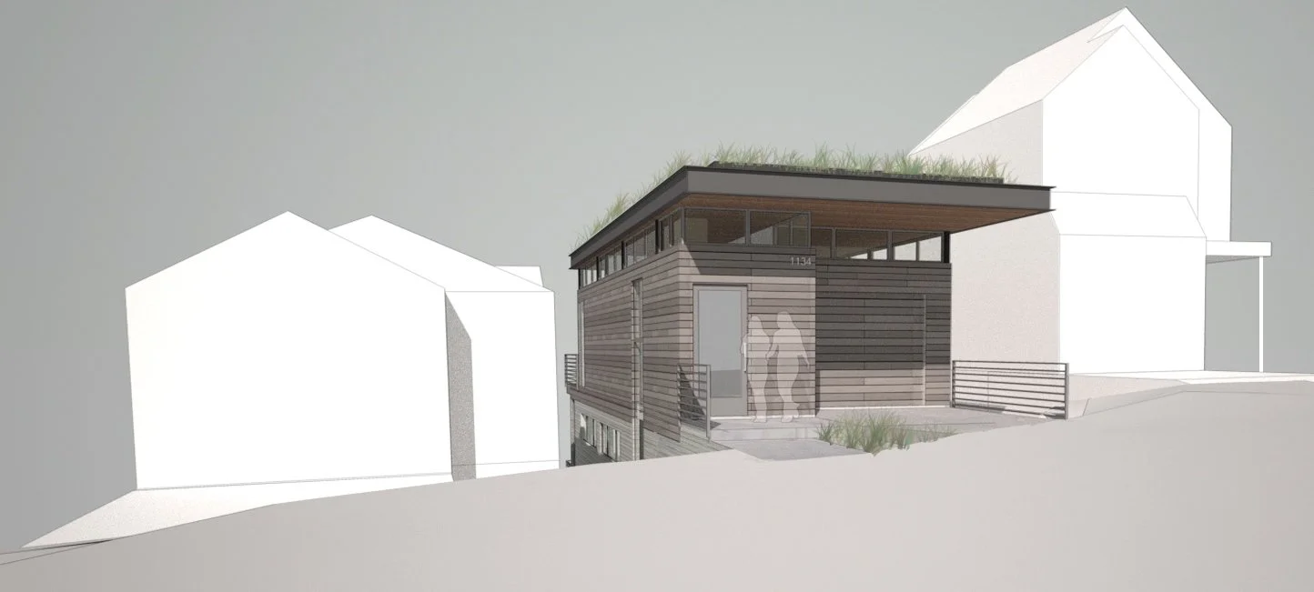 Render of modern brick residence with green roof designed by Sparano + Mooney Architecture