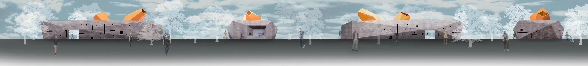 California arts center rendered elevations with large orange massing from roof designed by Sparano + Mooney Architecture