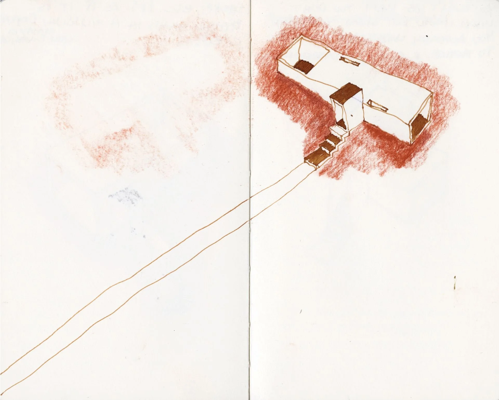 A hand-drawn sketch of a single-story house with a porch, showing a pathway leading to the front door, with some shaded areas in red and brown.