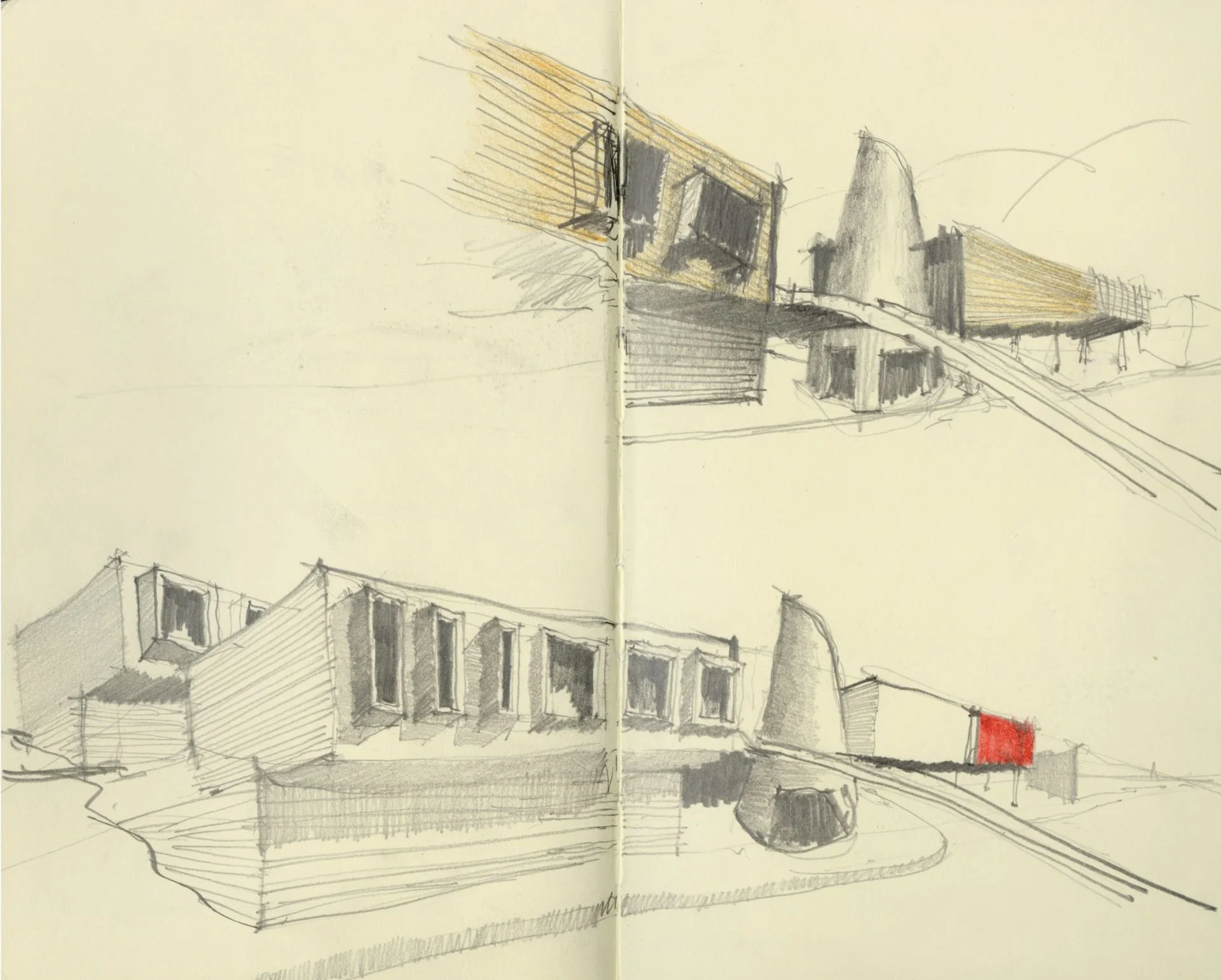 Sketch of a modern building with rectangular shapes, multiple windows, and a curved ramp or slide, rendered in pencil with some shading and a red accent on one part of the building.