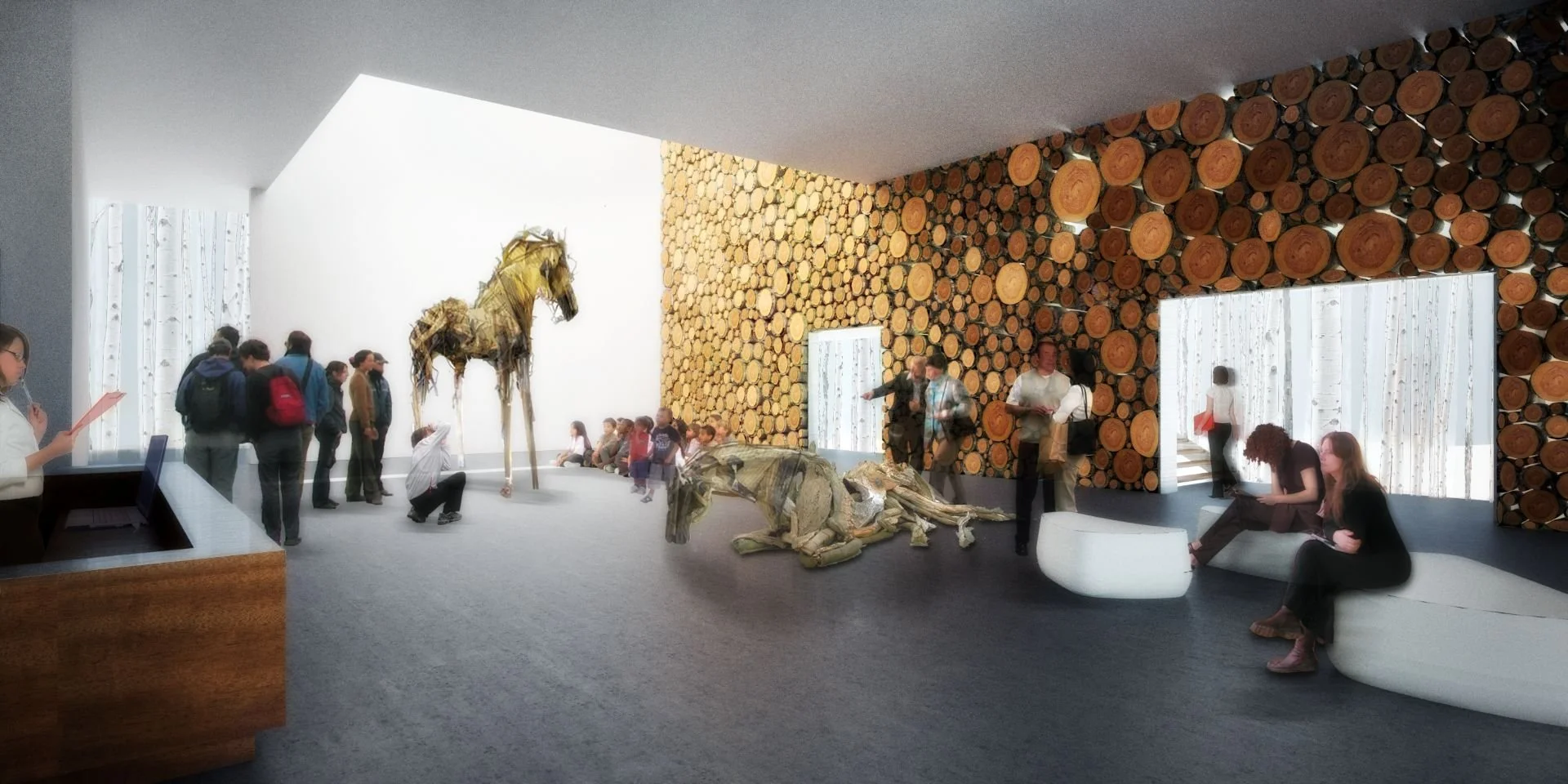 Bright modern interior lobby with wood mural and sculpture designed by Sparano + Mooney Architecture