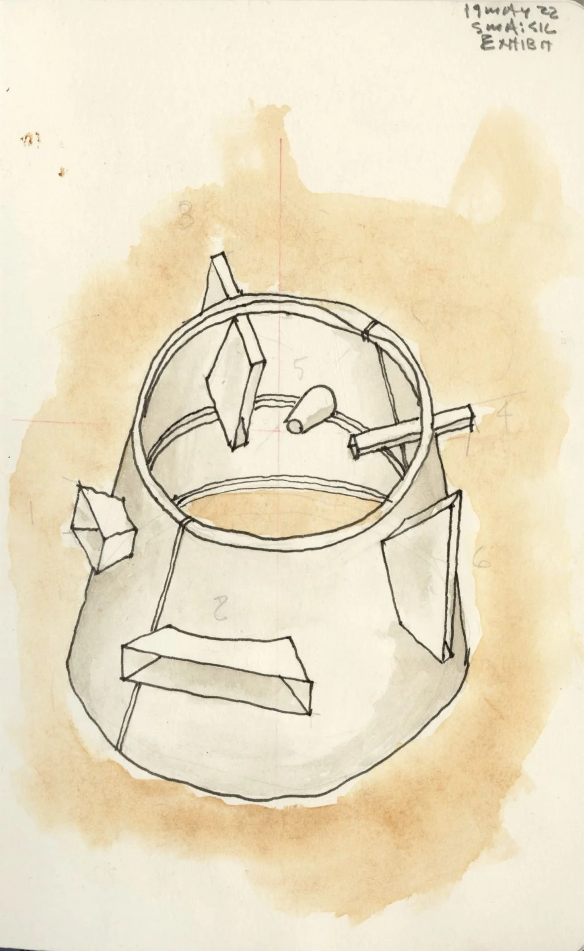 Center Can Not Hold exhibition sketch, cylindrical form with apertures focused on center of mass designed by Sparano + Mooney Architecture