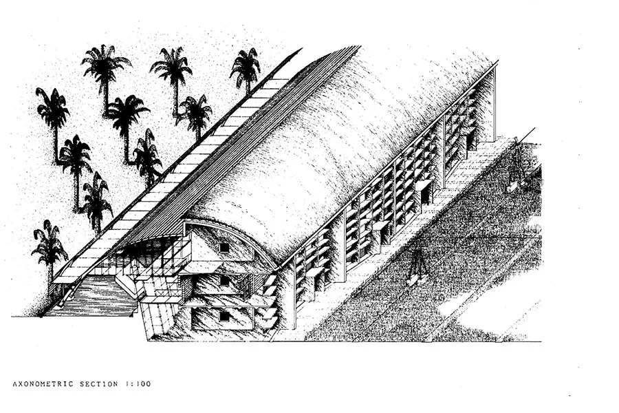 Sketch in black and white of a concept for the Barcelona Agricultural Museum, designed by Sparano + Mooney Architecture