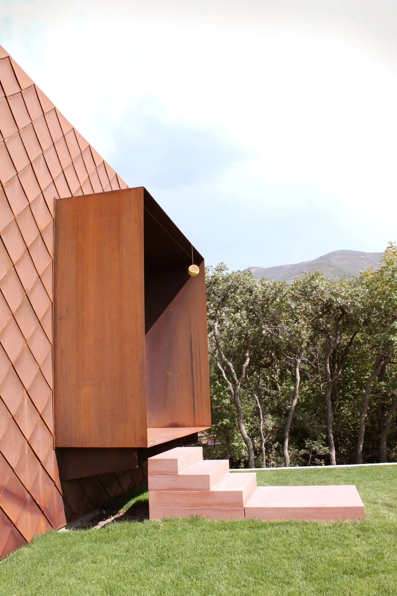 Contemporary canyon residence exterior steel entry detail designed by Sparano + Mooney Architecture in Salt Lake City