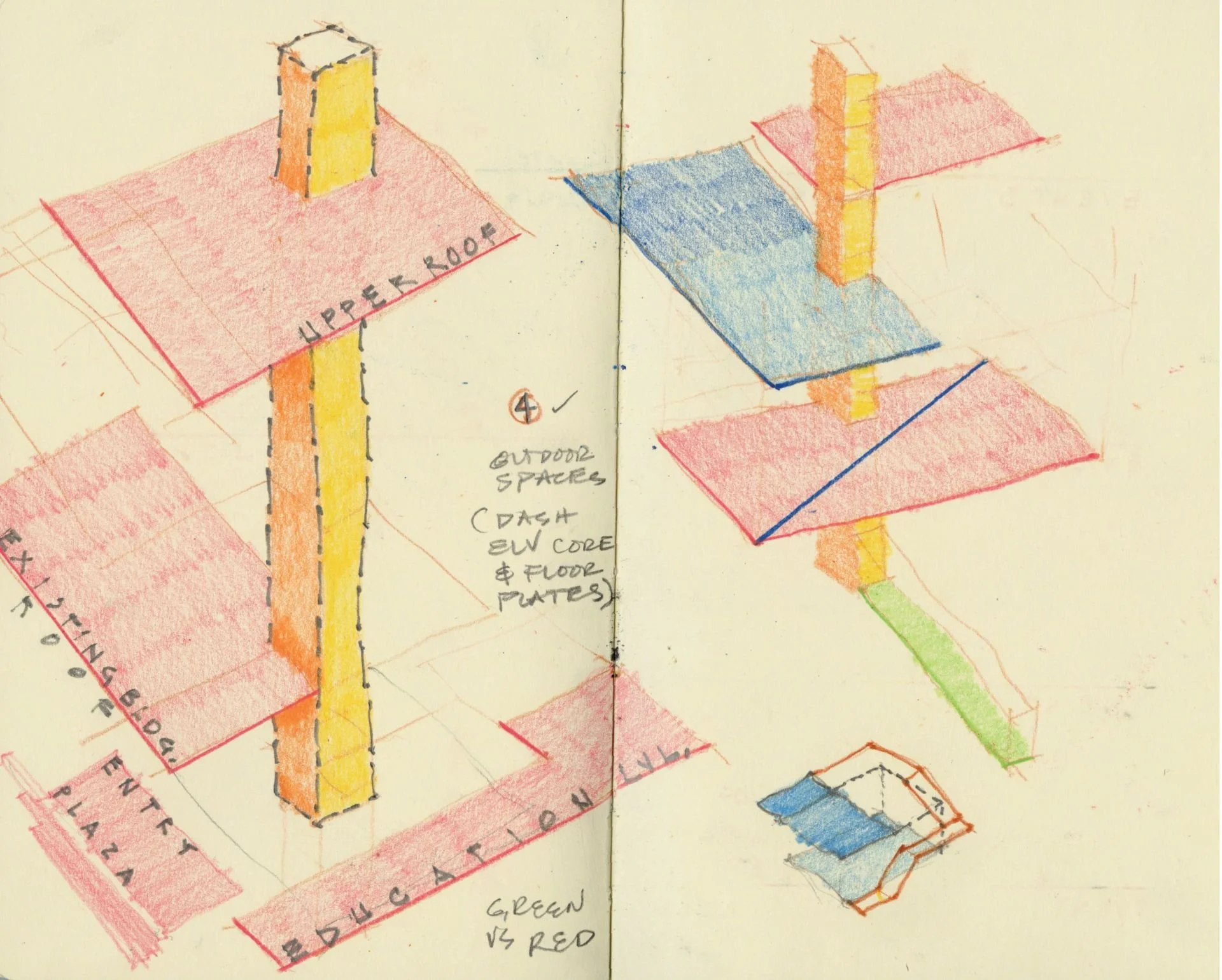 Hand-drawn architectural sketches of a building's rooftop and structural details using colored pencils, including labels for outdoor spaces and core floors.