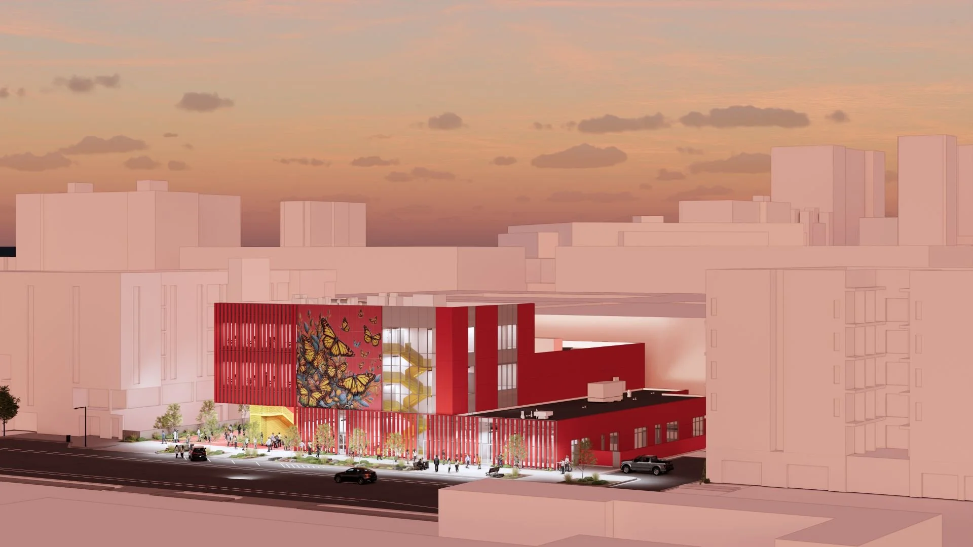 Bird’s-eye perspective of Utah cultural center designed by Sparano + Mooney Architecture