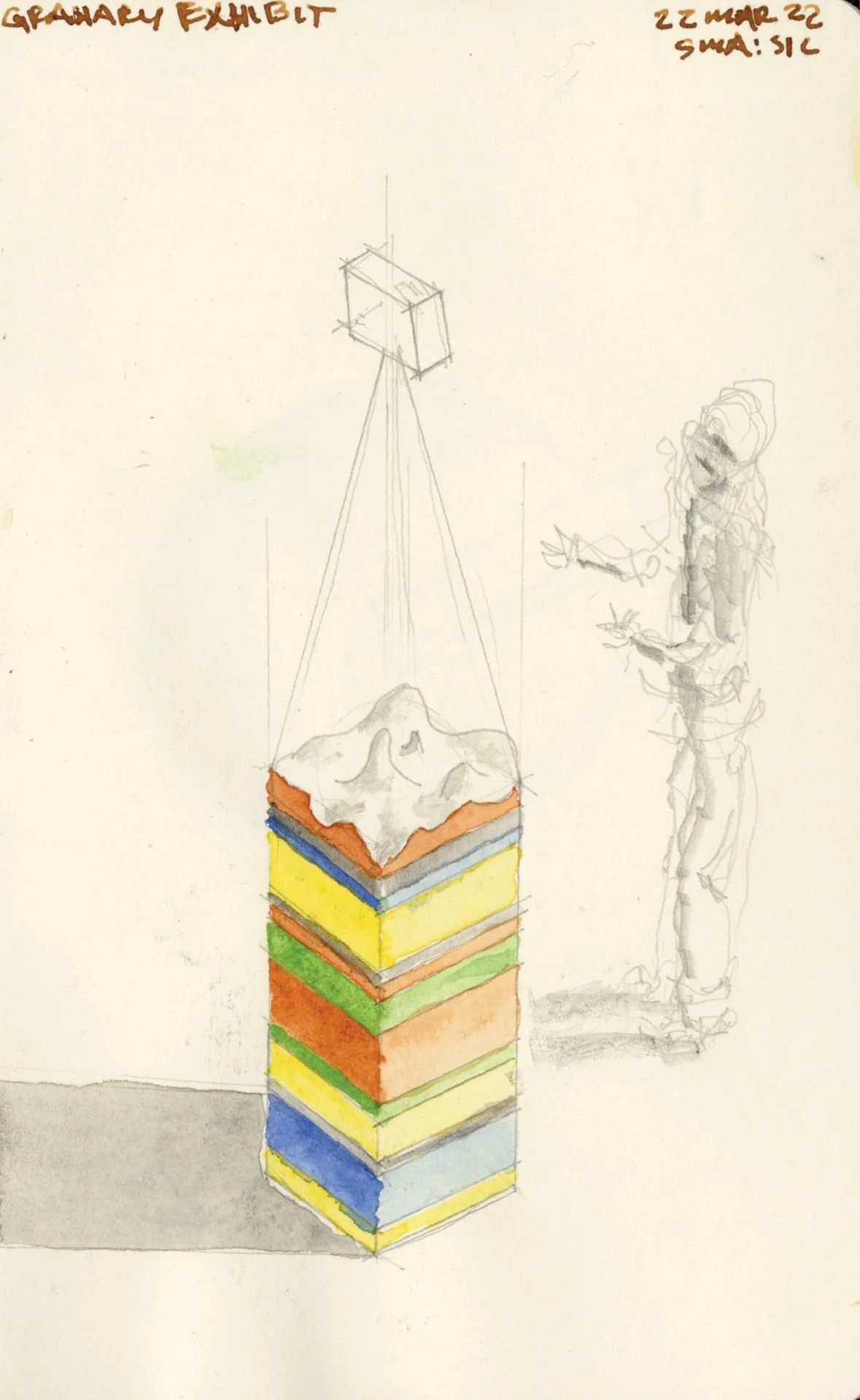 A sketch of a geological exhibit featuring a tower made of stacked colorful layers of rock or mineral samples, with a white, textured top representing snow or ice. A tripod and light source illuminate the exhibit. To the right, a pencil sketch of a p