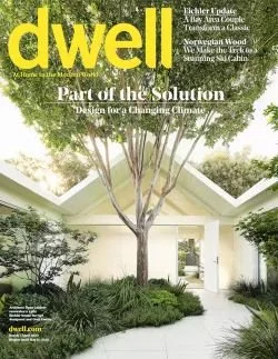 Cover of Dwell magazine featuring a modern home with a large indoor tree, minimalist design, and green landscaping.