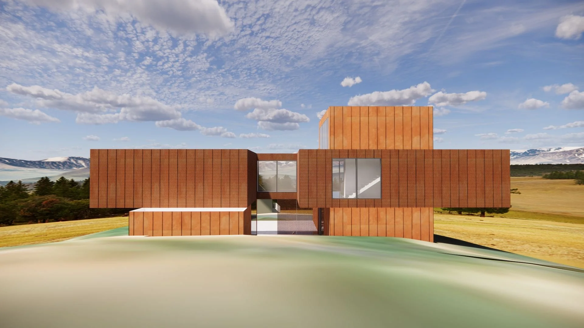 Entry elevation of corten steel contemporary residence designed by Sparano + Mooney Architecture