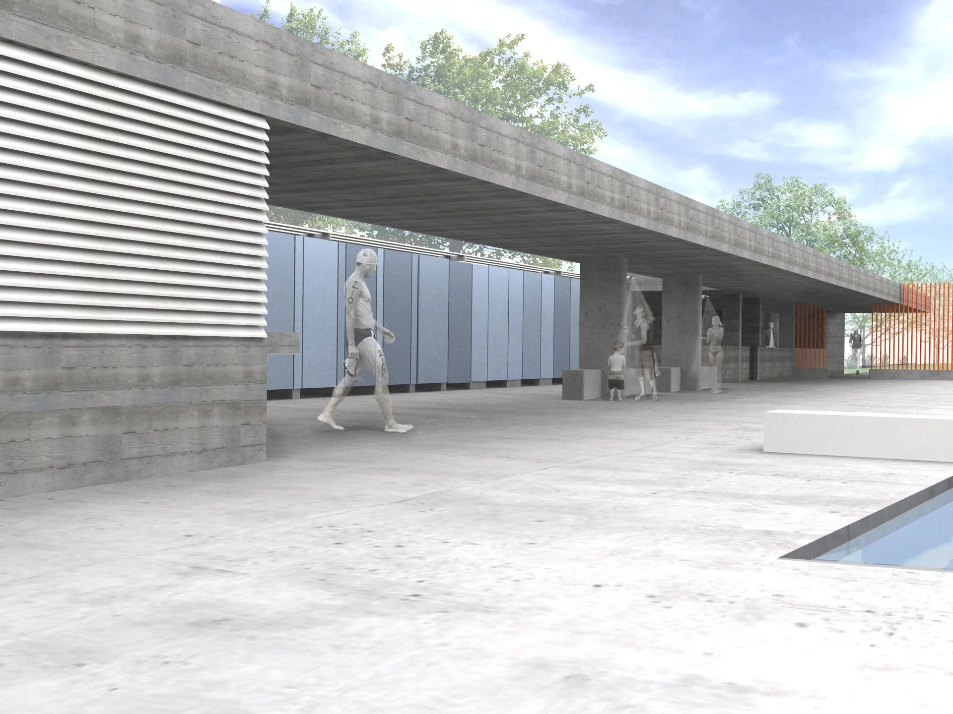 Render of Los Angeles aquatic center deck and showers designed by Sparano + Mooney Architecture