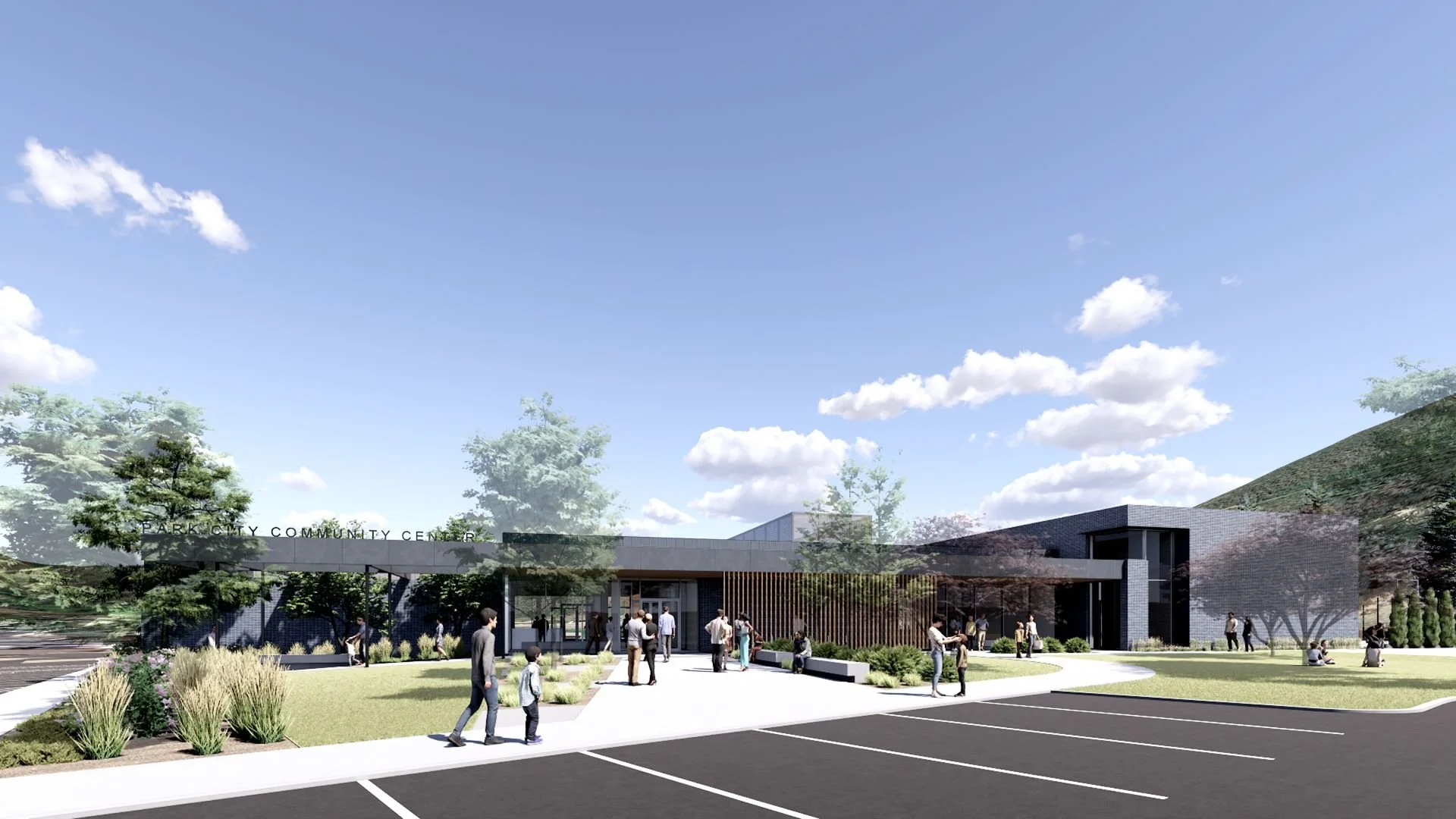 Render of entrance to community center with landscaping designed by Sparano + Mooney Architecture