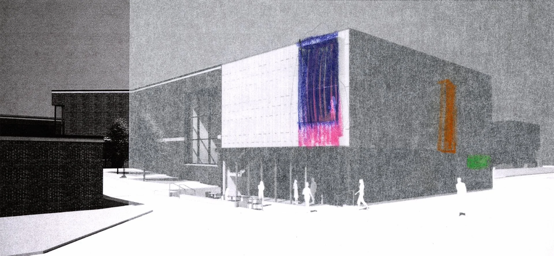 NEHMA black and white render with overlay of colorful glazing apertures, designed by Sparano + Mooney Architecture