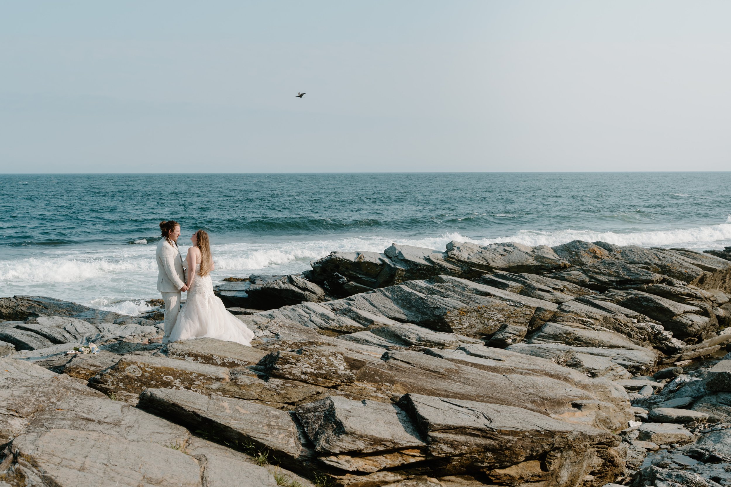 A couple in wedding attire holding hands on a rocky shoreline with ocean waves, a bird flying overhead, and a clear sky in the background at an elopement at Beavertail State Park in Rhode Island. 