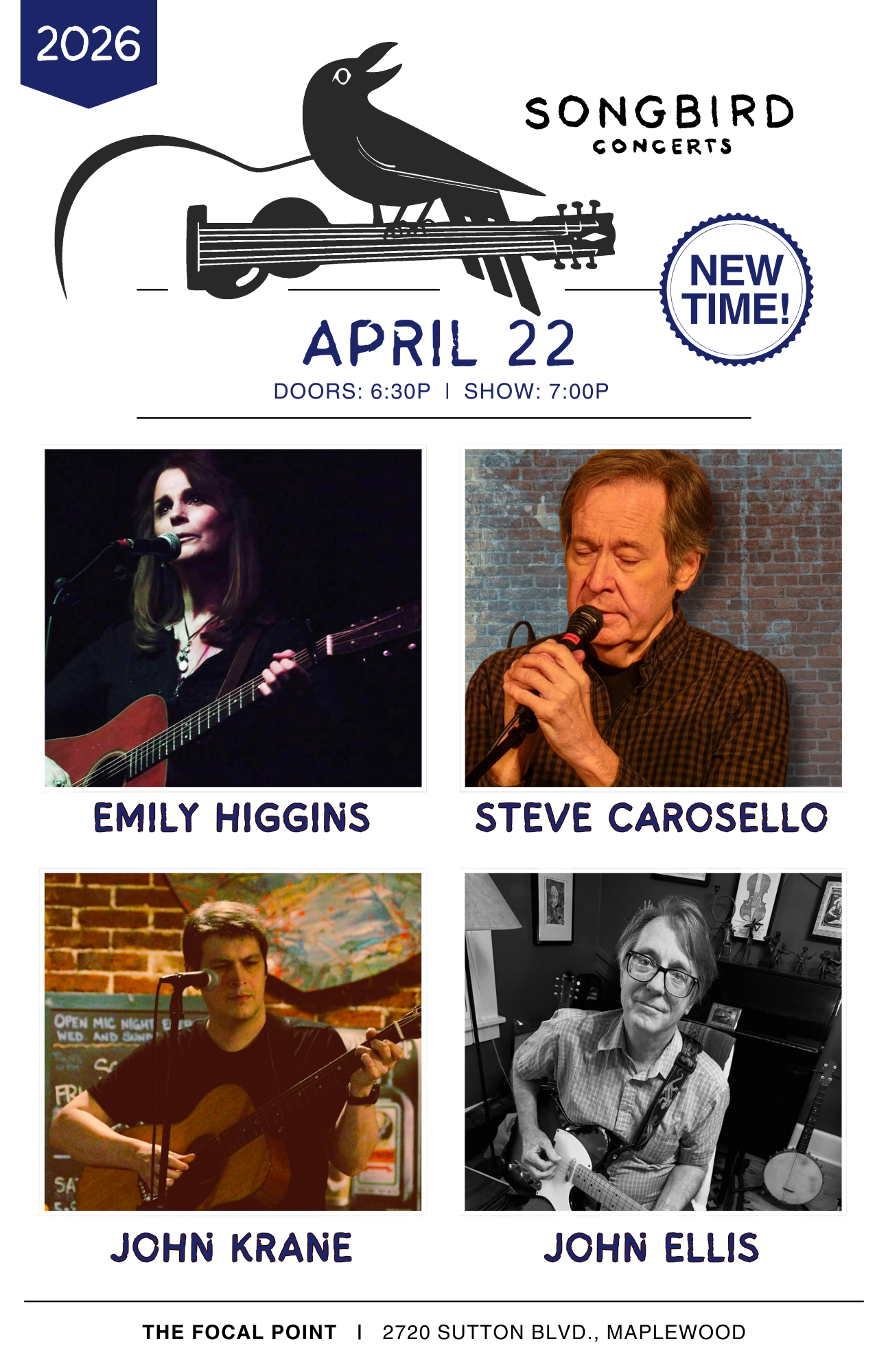 Songbird Concerts - April 22, 7:00PM: Emily Higgins, Steve Carosello, John Krane & John Ellis