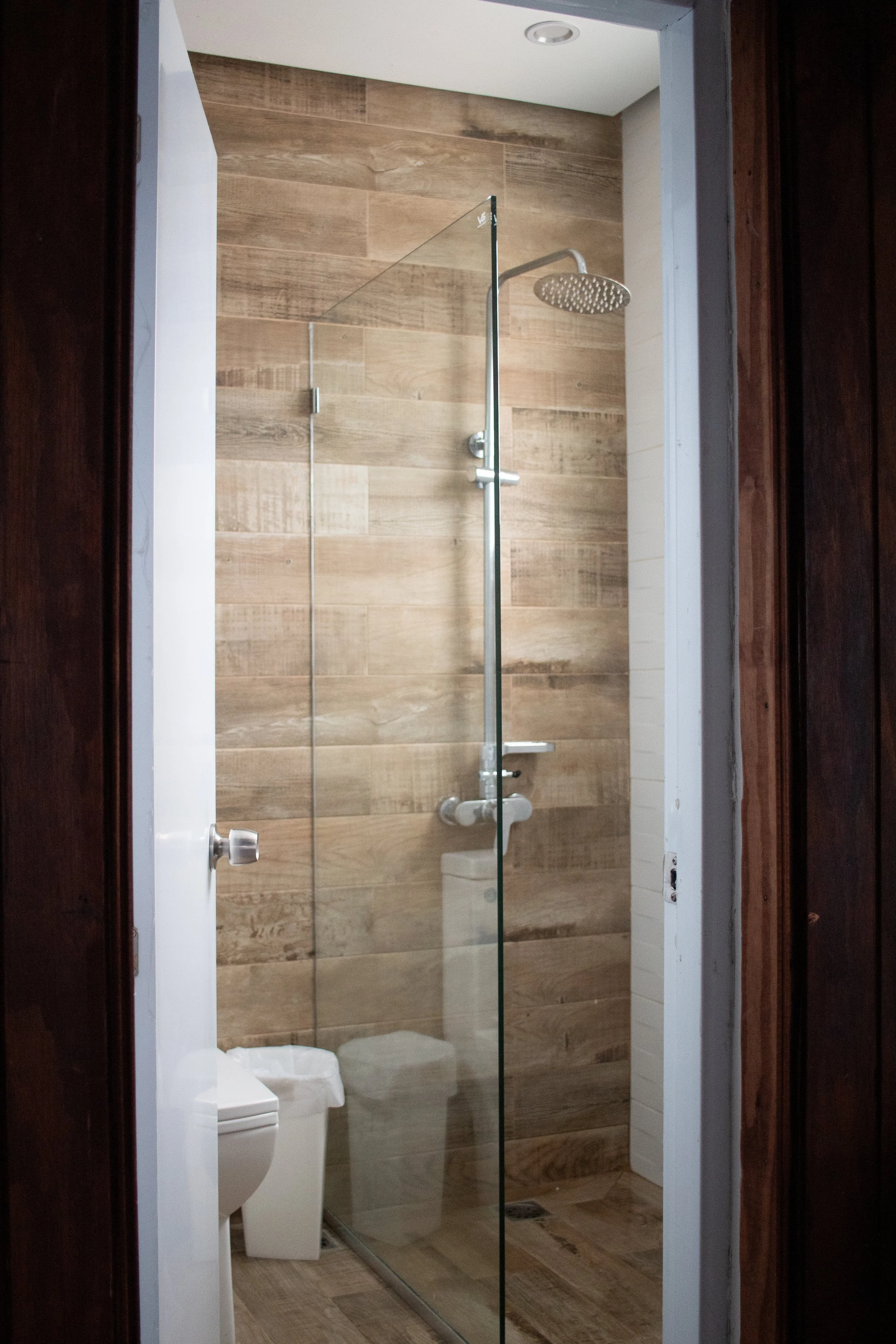 A modern bathroom featuring a walk-in shower with wood-like tiles, a glass shower door, a rainfall showerhead, and a white toilet.