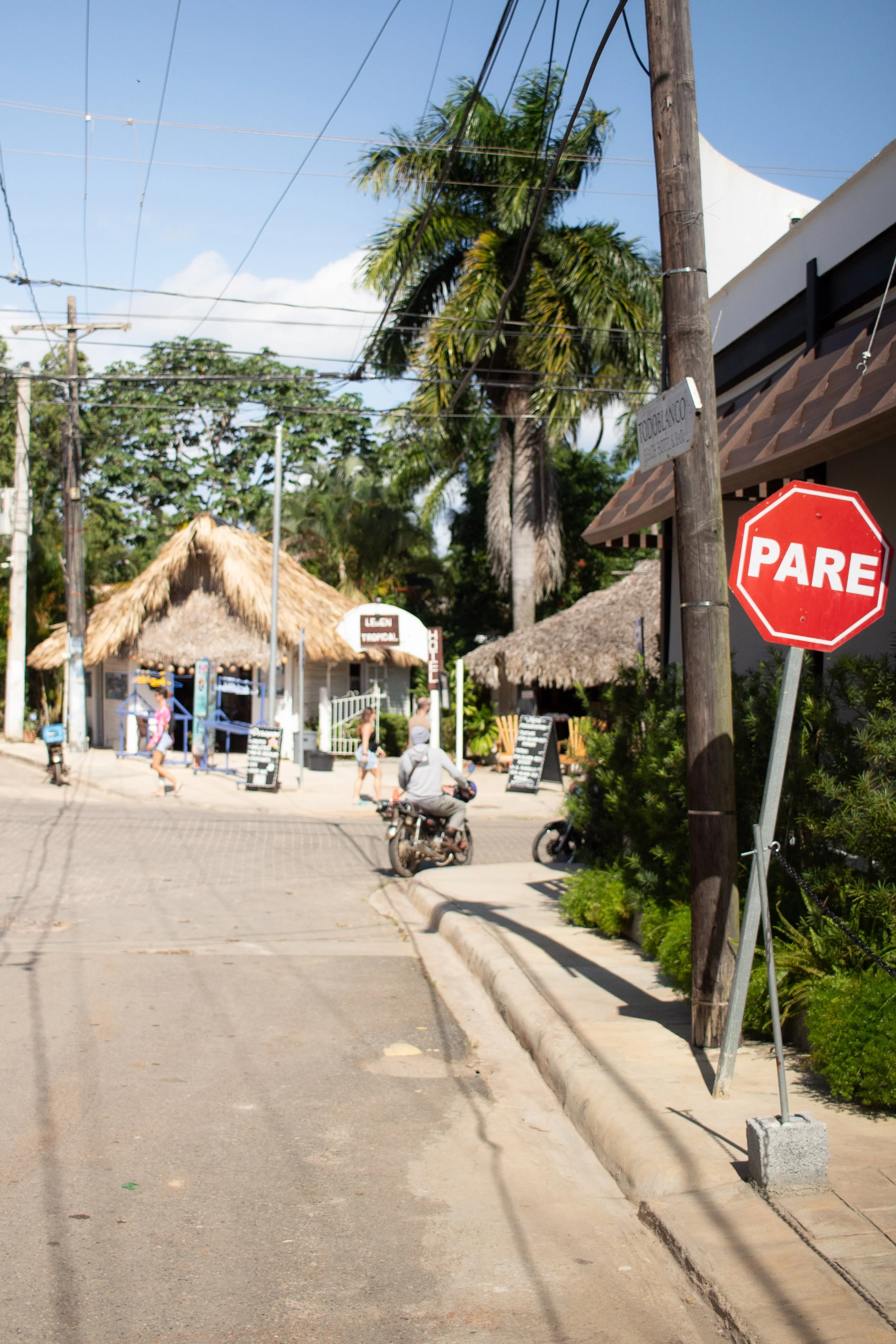 Street scene with tropical trees, thatched roof buildings, pedestrians, motorcycles, stop sign in Spanish, and outdoor cafes.