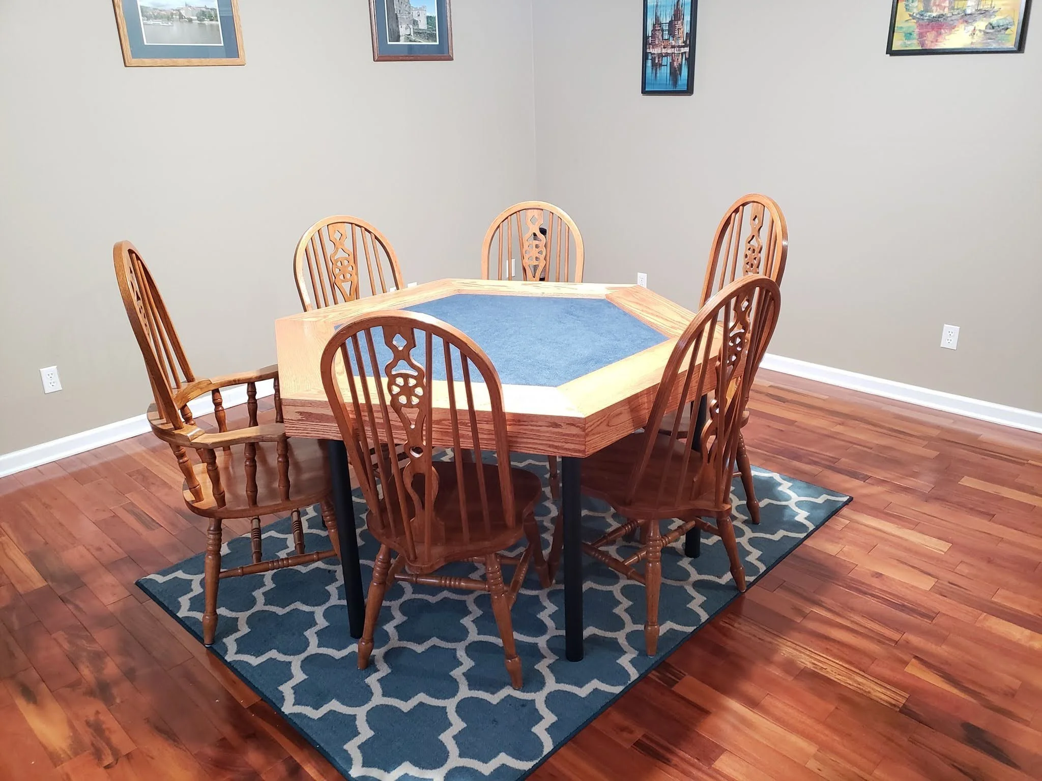 Hexagon board game table in red oak