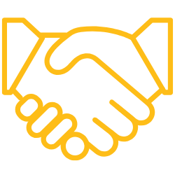 Dibujo de un apretón de manos en línea amarilla sobre fondo blanco.