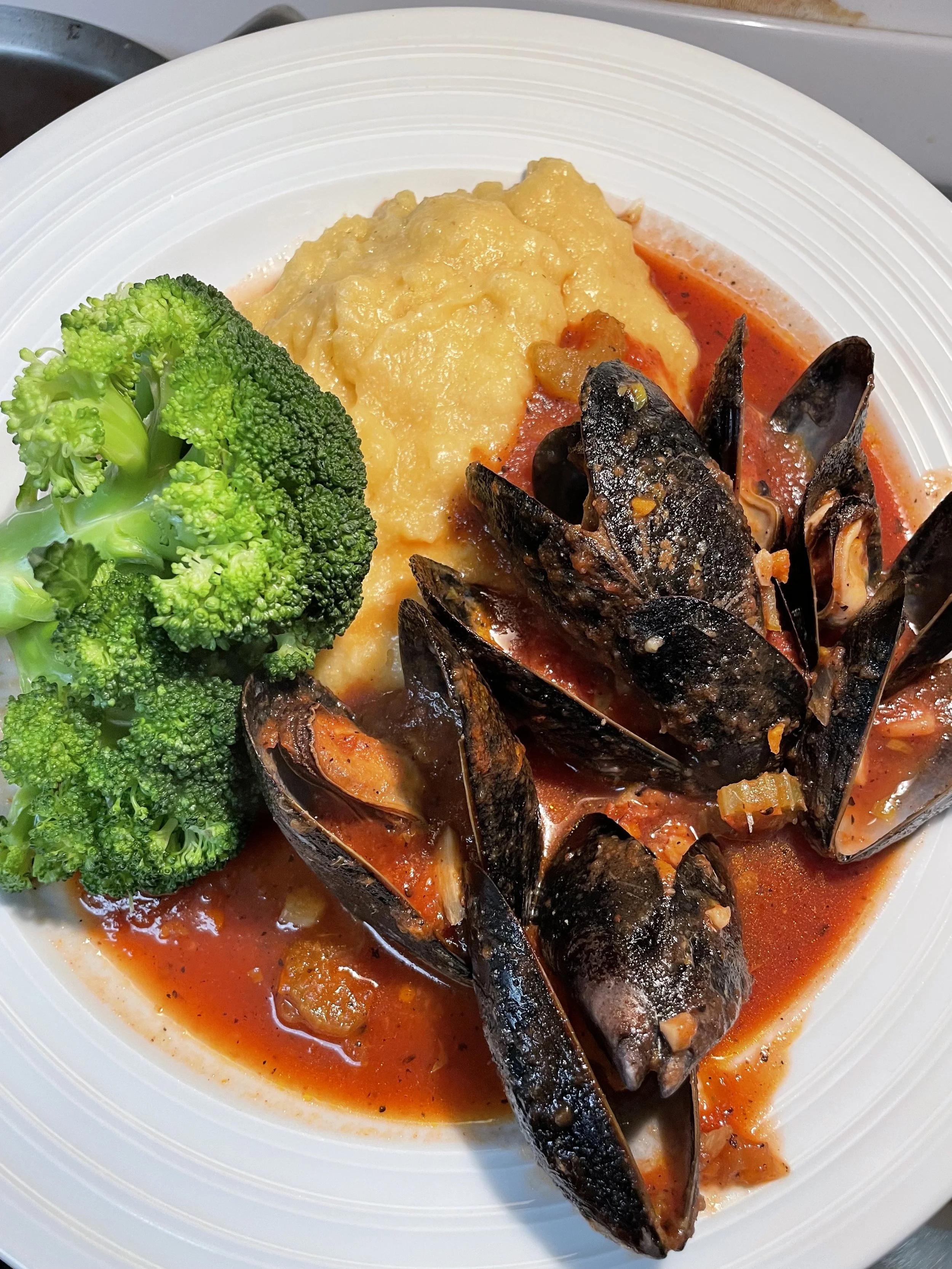 Bloody Mary Mussels with Sweet and Creamy Polenta