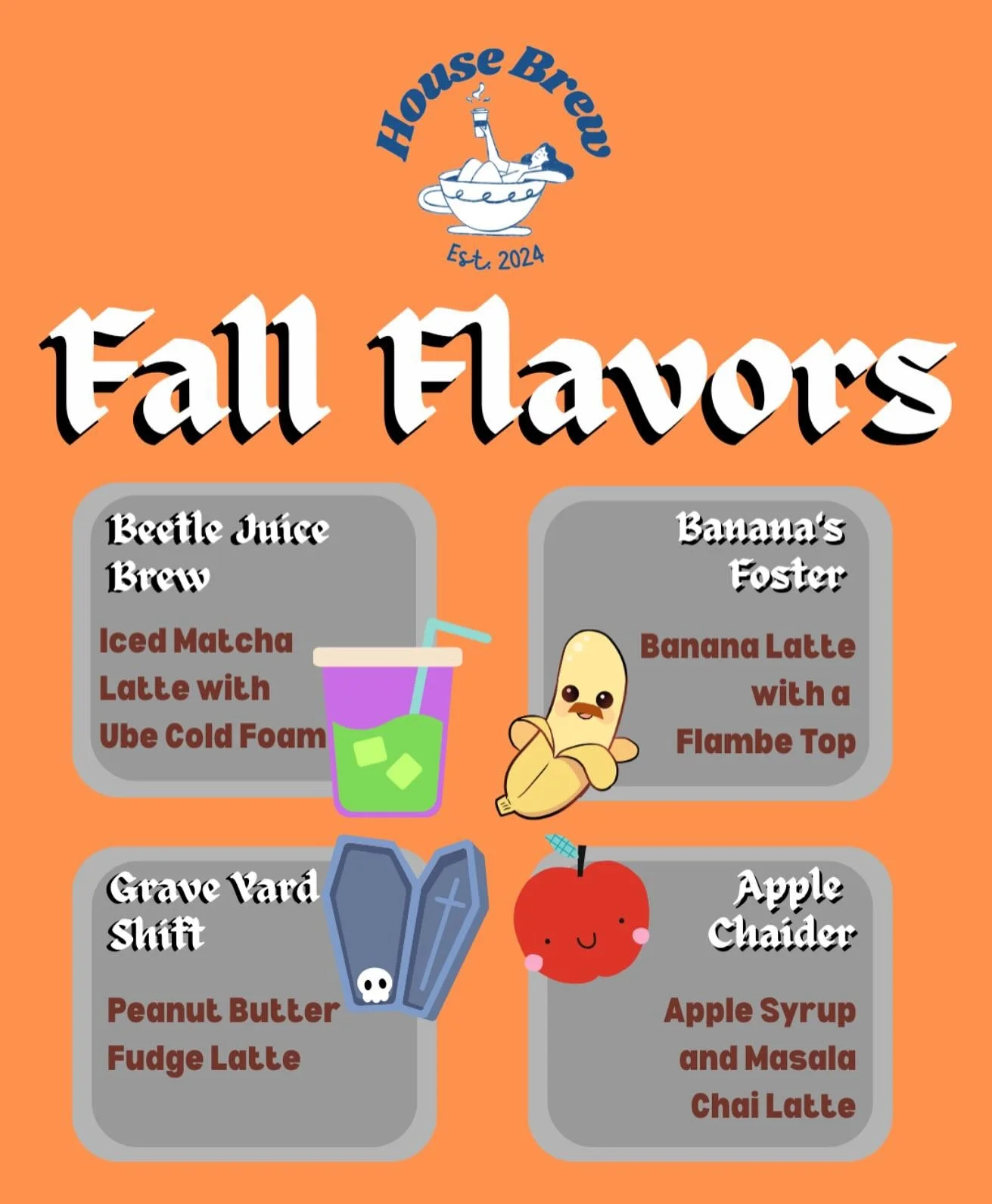 The fall flavors are here and with special home made syrups from one of our customers Mia!!! We also have Pumpkin Pie but we all know it&rsquo;s pumpkin spice season. Come try the new flavors while they are here!!! 🍂🍁🪦