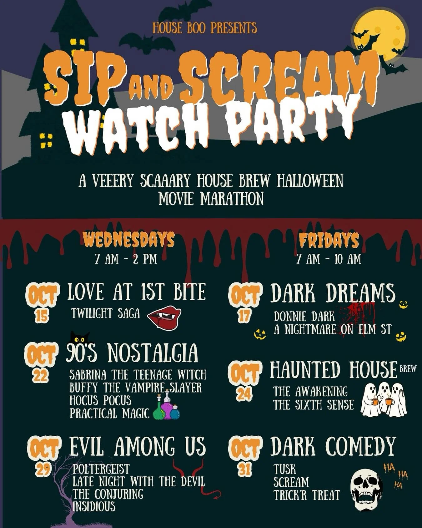 Come sip and watch some of your favorite movies at the cafe on Wednesday and Friday this month. @sarcastic_samantha will be your host and they have some spooky film picks for you guys!!!!💀👻🎃