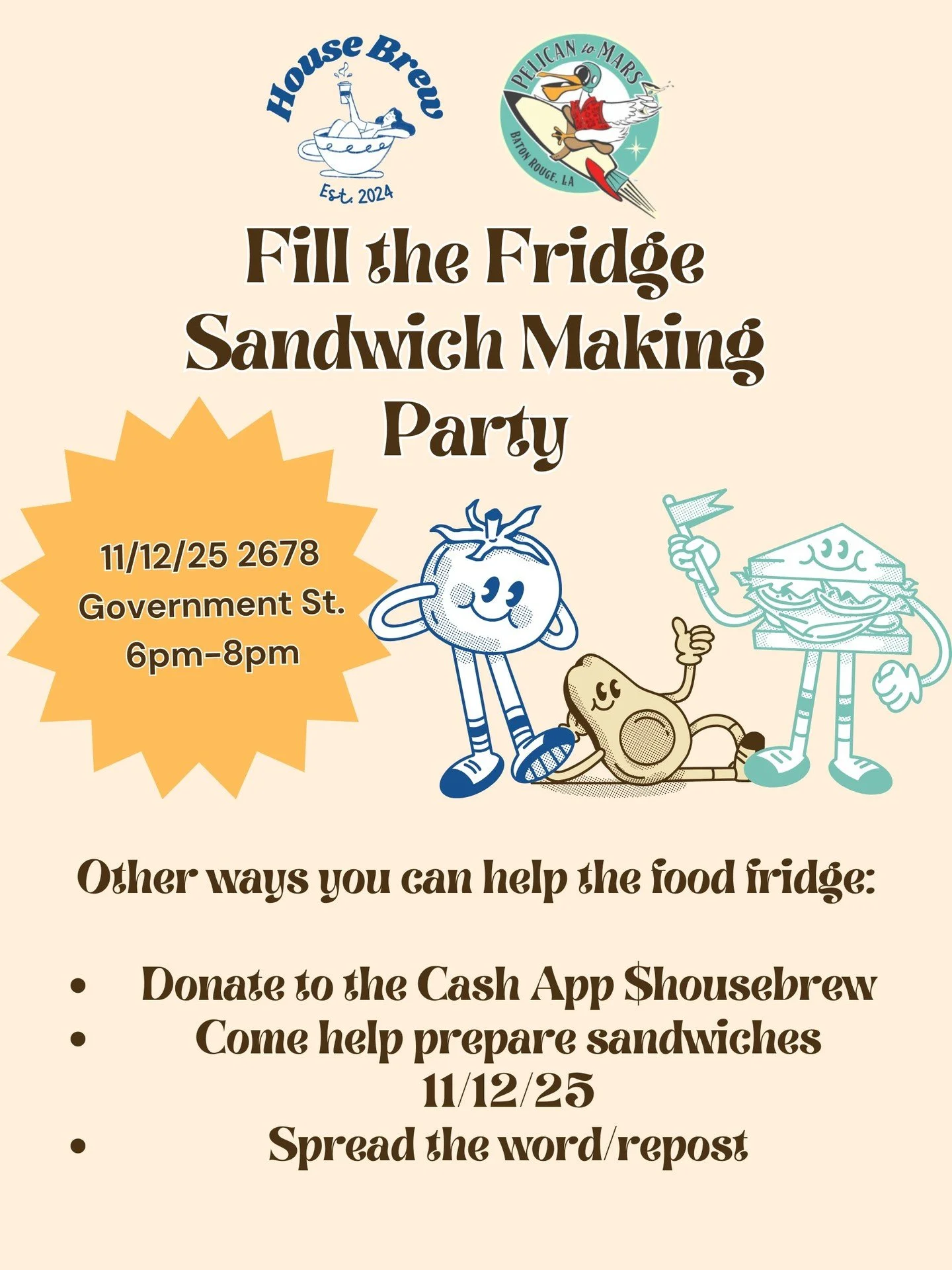 Join us for another sandwich making party to help fill @housebrew225 and @theredshoesbr fridges. We will be setting up in the front room of pelican to mars, where the cafe is located in the morning. Anyone who would like to help should feel free to j