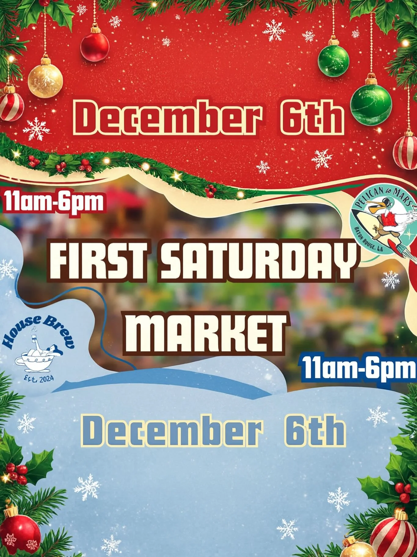 Get your Christmas shopping done this year @pelicantomars and @housebrew225 for the First Saturday Christmas Market!!! We will have artists, makers, drinks, and food all day. The market will start at 11am and end around 6pm, with some vendors staying