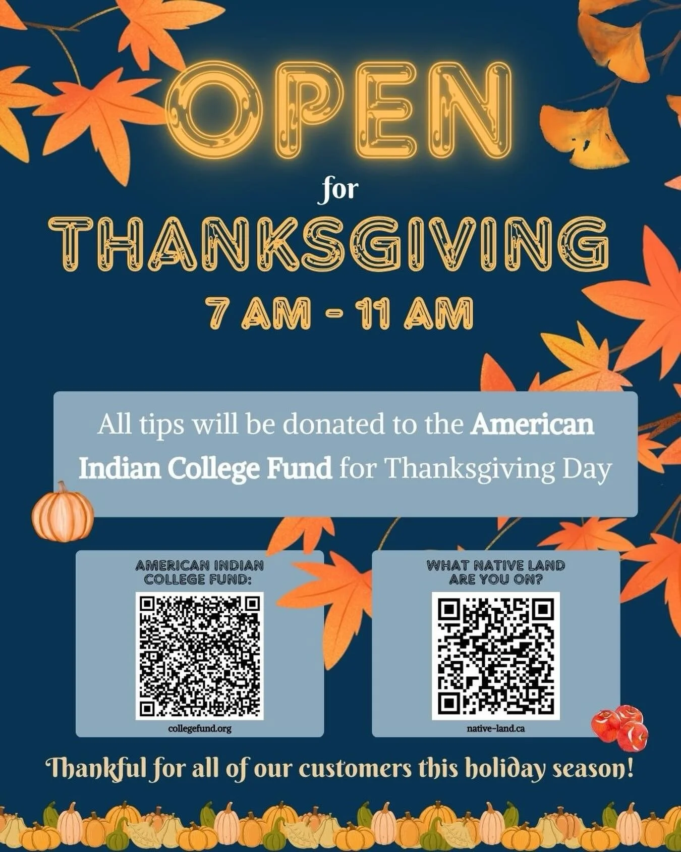 We will be open for thanksgiving from 7-11!!! Catch us before or after lunch depending on how early you do it! Thank you so much to the community that made us! We can&rsquo;t wait to serve it up this holiday season with yall!!!