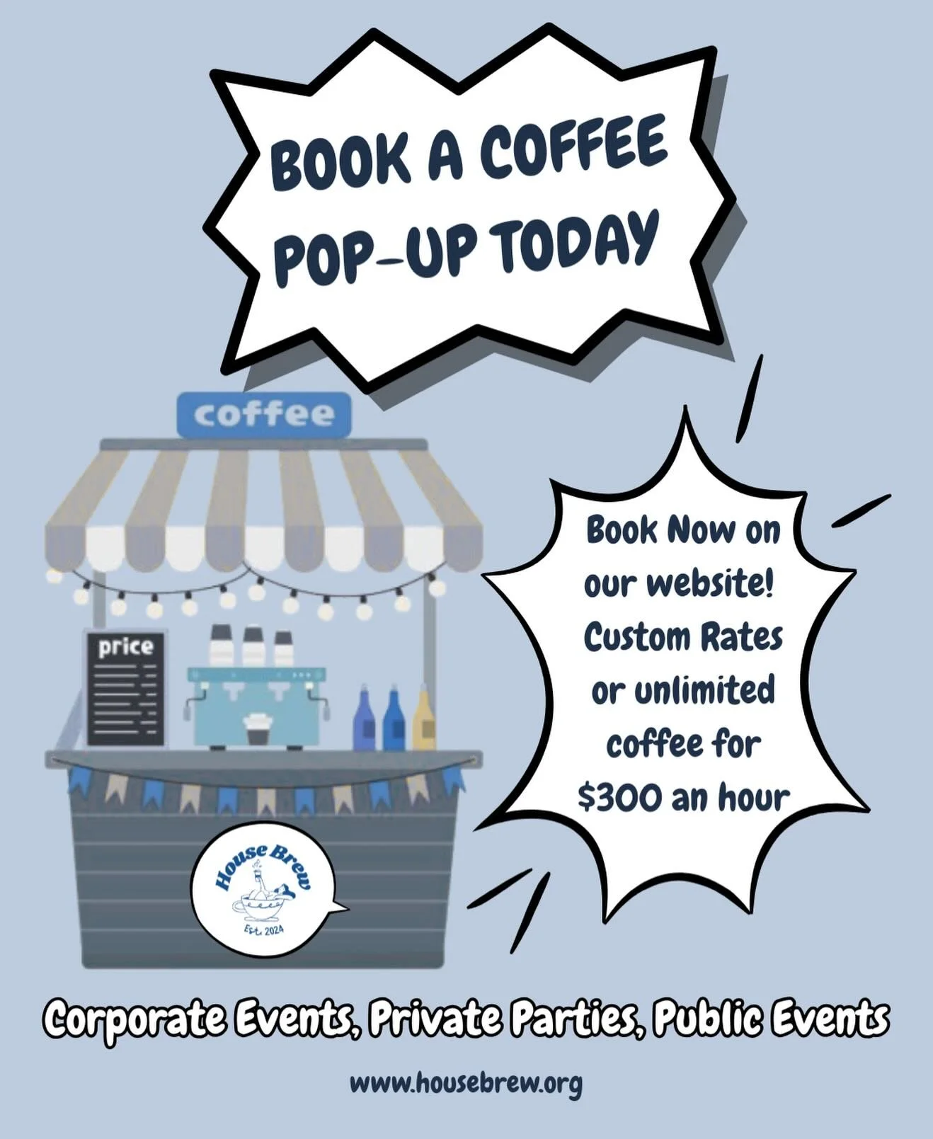 House Brew and its new mobile cart can move faster and more efficient than ever. Book an event on our website or contact us for any ideas you got!!!! Link in bio www.housebrew.org
☕️🛒💨