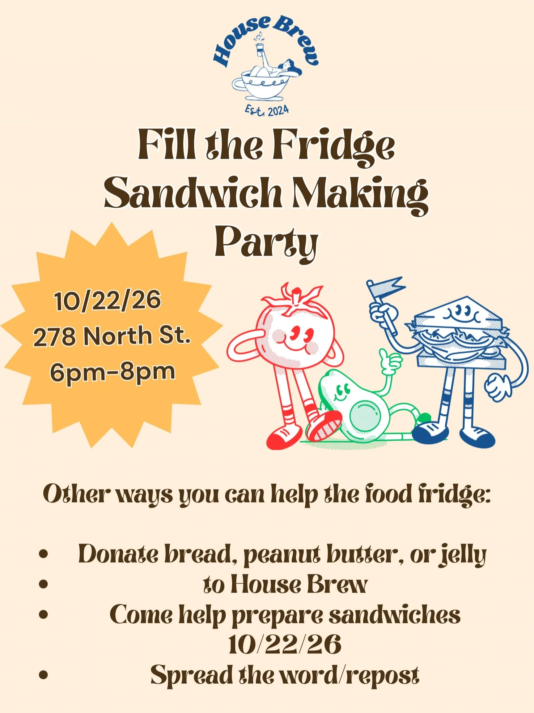 Join us October 22nd for the first sandwich making party at the new store. Feel free to park anywhere on the street since downtown street parking is free after 6pm on weekdays. If you park in the garage you still have to pay! Spread the word, donate,