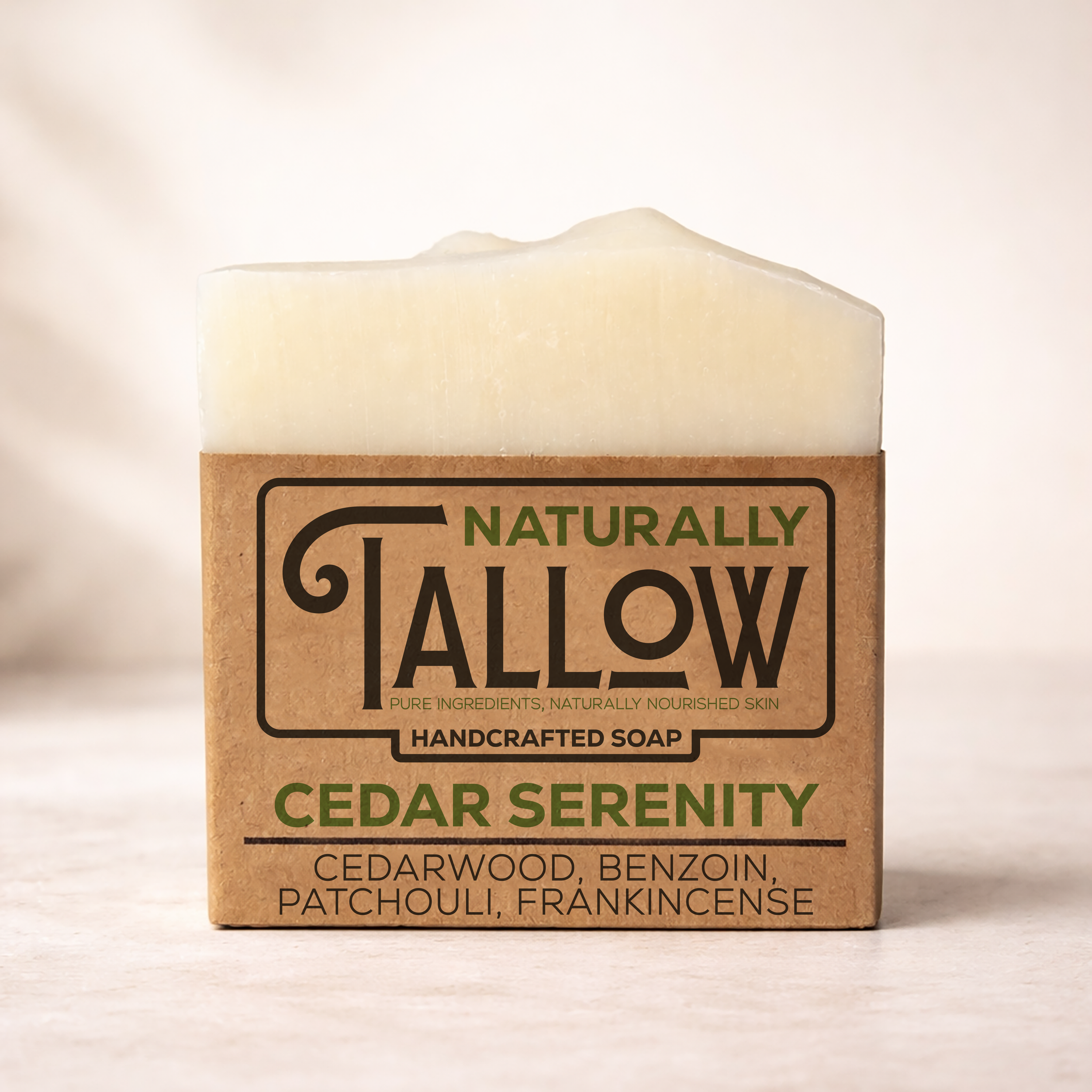 Handmade tallow soap bar with cedarwood, benzoin, patchouli, and frankincense essential oils, Arrow to Arrow Family Farm, Greenwood SC