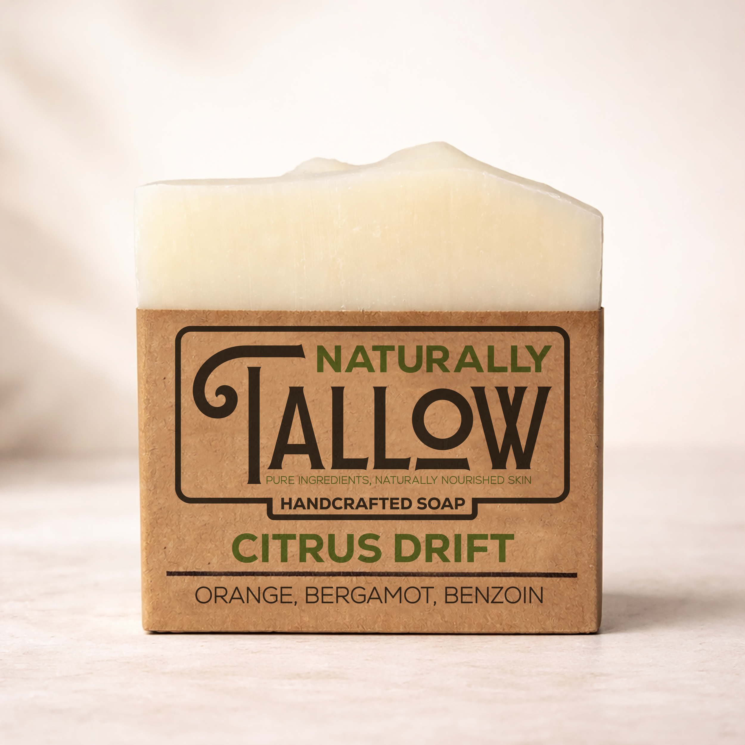 Handmade tallow soap bar with sweet orange, furanocoumarin-free bergamot, and benzoin essential oils, Arrow to Arrow Family Farm, Greenwood SC