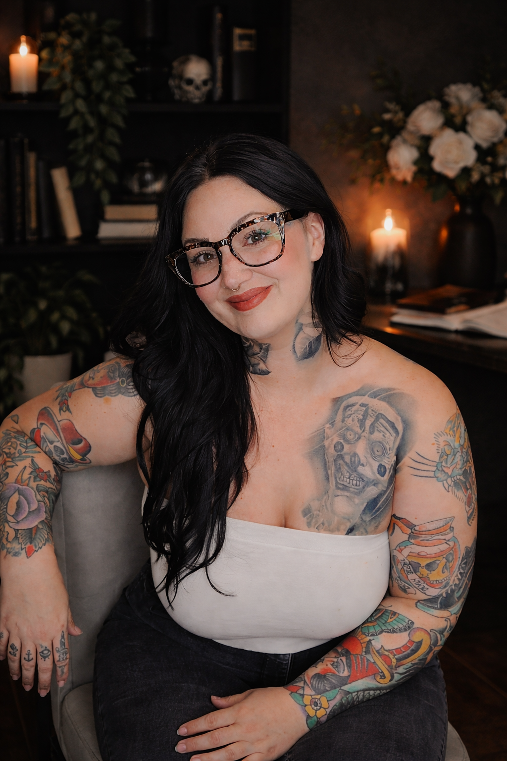 A woman with long black hair, glasses, and multiple colorful tattoos on her arms and chest, sitting in a dimly lit room with candles, books, and decorative items in the background.