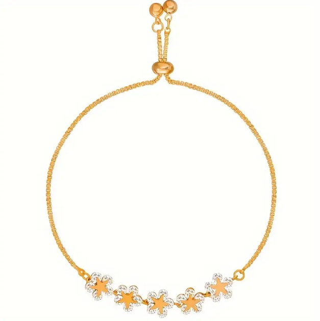 Elevate your jewelry collection with our Gold Plated Rhinestone Encrusted Gemstone Flower Adjustable Chain Bracelet.