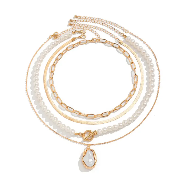 Stunning gold plated triple layer necklace with pearls and bold pendant β the ultimate layering piece for modern elegance and timeless charm.
