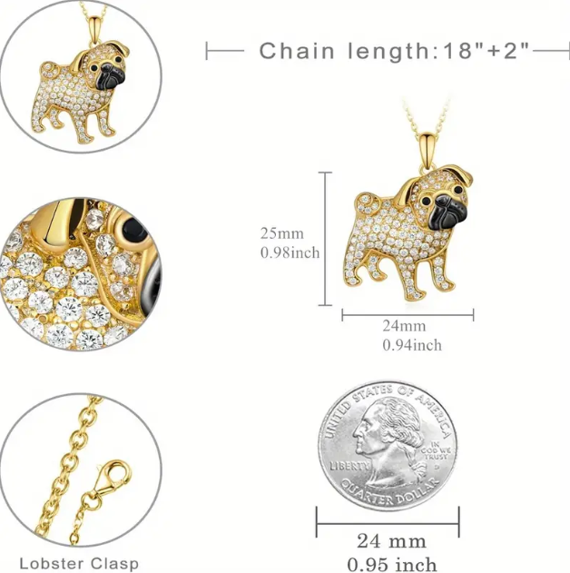 Discover Mozzimo Jewelry's charming gold-plated rhinestone pug pendant necklace—a delightful accessory for dog lovers everywhere.