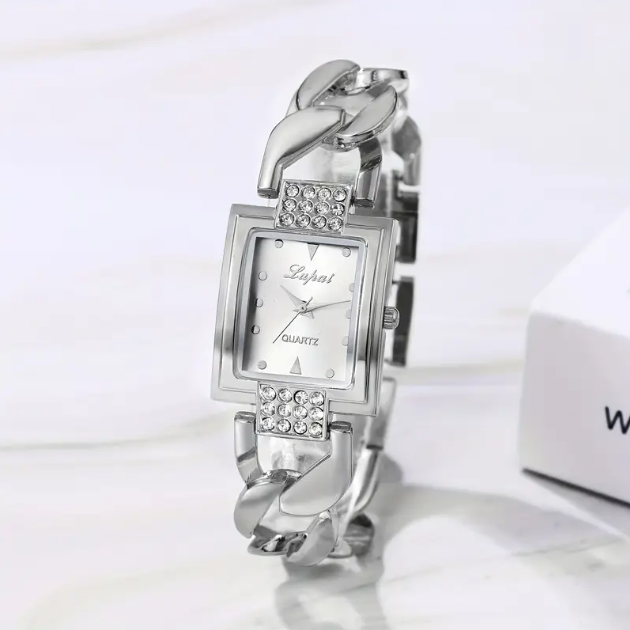 Elevate your style with this Sterling Silver Rectangular Twisted Chain Links Watch, a sleek and sophisticated timepiece with an elegant chain-link bracelet.