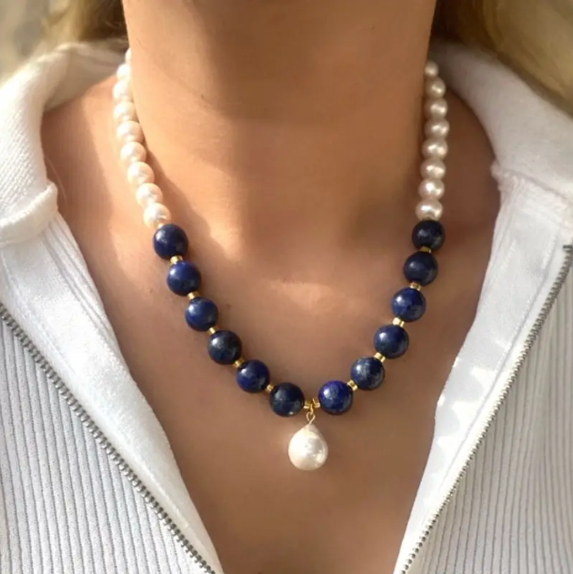 Elevate your style with the Blue and White Beads and Pearl Pendant Necklace, a chic and timeless accessory—available now at Mozzimo Jewelry.