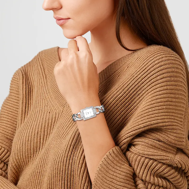 Elevate your style with this Sterling Silver Rectangular Twisted Chain Links Watch, a sleek and sophisticated timepiece with an elegant chain-link bracelet.