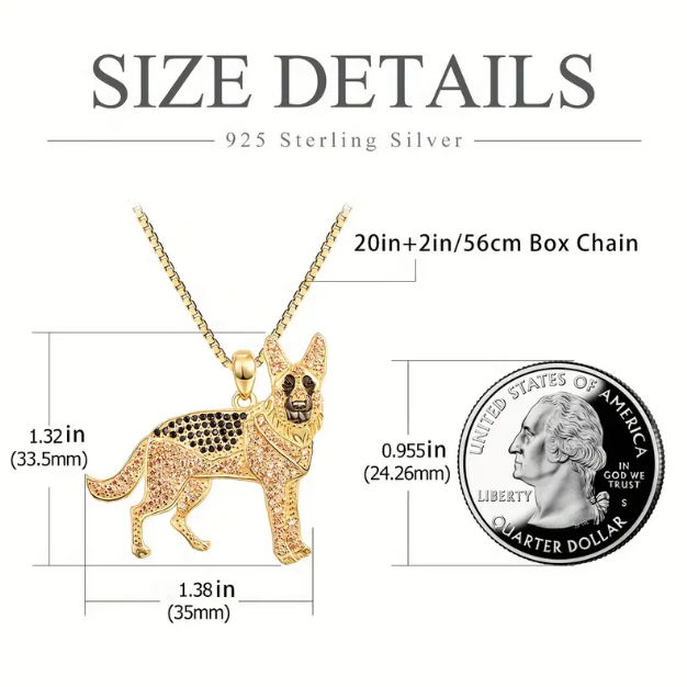Shop Mozzimo Jewelry’s stunning gold-plated rhinestone German Shepard pendant necklace, celebrating your love for dogs with sparkling elegance.